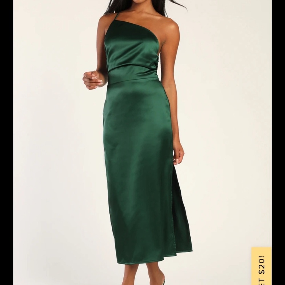 Lulus Call Me Confident Green Satin One Shoulder Lace-Up Midi Dress / Large